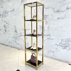 Modern Shoe Bag Shop Storage Rack Floor Standing Metal Wooden Shoes Display Stand Rack For Luxury Retail Shop
