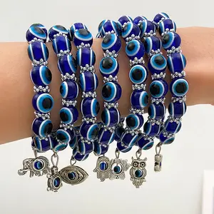 Wholesale Turkish Blue Eye Resin Beads Bracelet Elastic Enamel Rhinestone Charm Hamsa Evil Eyes Beaded Bracelets