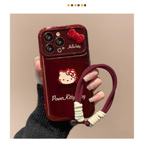 Coque de téléphone antichoc en silicone souple avec lanière motif chat et nœud papillon, couleur rouge bordeaux, pour iPhone/Huawei/Oppo/Vivo/Redmi - Product Image 4