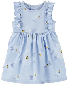 2021 Wholesale Summer Cute Blue Ruffle Short Linen Flower Girls' Dresses