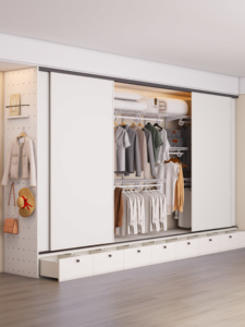 Puerta Corredera Moderna para Armario con Diseño de Panel Plano, Manijas Metálicas, Instalación en Pared, Construcción Duradera de MDF para Dormitorio - Product Image 1