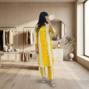 Conjunto de Vestido Casual de Algodón a Rayas Amarillas y Blancas con Pantalones, Manga Tres Cuartos, Cuello Camisero, Estilo Midi para Verano - Product Image 3