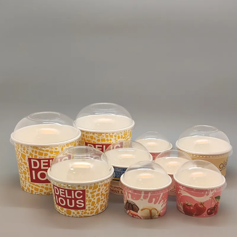 Persönliches Etikett Eis becher 4/5//12oz biologisch abbaubarer Joghurt becher doppelt PE-beschichtete Gelato-Schalen mit rundem Kunststoff deckel