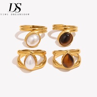 Bague double couche Dreamshow en acier inoxydable plaqué or avec pierre œil de tigre et perle d'imitation, bijou fantaisie vintage tendance