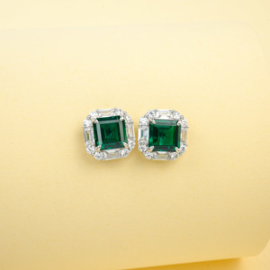 925 Sterling <b>Silver</b> Emerald Cut Lab Created Emerald Halo <b>Stud</b> Earrings - Product Image 3
