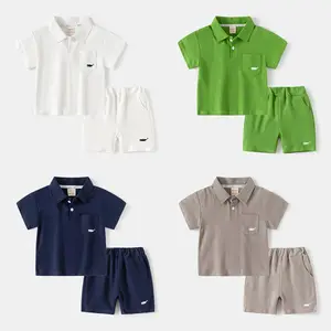 2024年子供夏服セット男の子purカラートップショーツ2ピース衣装男の子ポロTシャツ靴セット