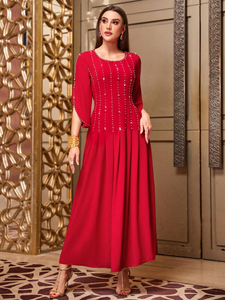 Mới Đến Dubai Hoàng Gia Màu Đỏ Abaya Phụ Nữ Chic Rhinestone Đèn Lồng Tay Áo O-Cổ Thanh Lịch Đảng Evening Dài Dresses - Product Image 4