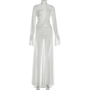 Viviblook Z0114ST01 New Women Outfit Sexy See Through High Neck Flared Sleeve Top Split Maxi <b>Skirt</b> Two Piece Set - Product Image 4