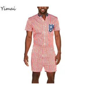Custom Adult Men Short Onesie Pajamas Cotton Stripe Jumpsuit Summer Bro Shirt Romper