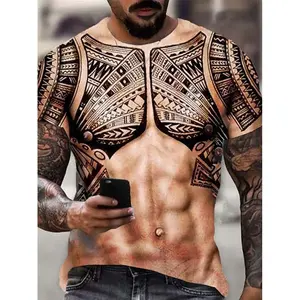 Personnalisation graphique Hommes 3D Muscle Tattoo Gold Chain Print T-Shirt Short Sleeve Digital Printing Fashion Shirts Tops Cheap Tee - Product Image 2