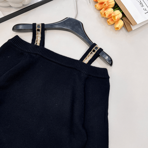 Suéter de punto con hombros descubiertos y tirantes de diamantes de imitación para mujer, de manga larga, ideal para fiestas y eventos nocturnos. - Product Image 5