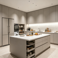 Meubles de cuisine en contreplaqué sur mesure, directement de l'usine, avec îlot central et tiroirs, pour cuisine moderne et écologique d'appartement ou de villa