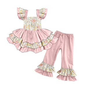Conjunto de 2 piezas para niñas Milk Silk: Top con cuello cuadrado, mangas con volantes escalonados y pantalones acampanados - Product Image 3