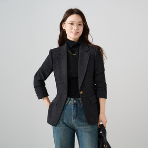 Grey Wool Blazer For Women Slim Fit Solid Color Anti-Wrinkle Autumn Winter Jacket - Product Image 3