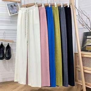 I-0524 Nuevos pantalones anchos de seda helada para mujer, pantalones largos de verano de cintura alta, ajustados, sueltos, de pierna recta, informales - Product Image 4