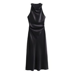 OEM ODM en stock, 9 couleurs, robe élégante sans manches en satin, taille froncée, robe de soirée formelle maxi pour femmes - Product Image 2