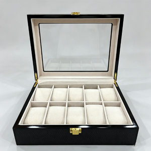 Elegant <b>Black</b> Watch Storage <b>Box</b> with Lid 10 Compartment Velvet Interior Rectangle Design for Watch Packaging - Product Image 1