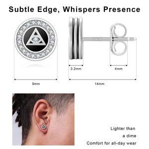 Boucles d'oreilles clous pour hommes, motif Œil tout-voyant et Croix Ankh, en argent 925, émail noir avec bordure pavée de zircone cubique transparente, plaqué or 14 carats, bijoux Hip Hop - Product Image 4
