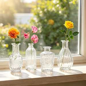 Jarrón <span class=keywords><strong>de</strong></span> <span class=keywords><strong>Vidrio</strong></span> Transparente con Diseño en Relieve Vintage, Jarrón Pequeño para Flores, Decoración para el Hogar y Centros <span class=keywords><strong>de</strong></span> Mesa para Bodas - Product Image 2