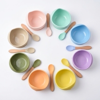 Ensemble de vaisselle pour bébé 2 en 1 : bol à ventouse en silicone profond et cuillère en bois, vaisselle portable pour enfants pour les voyages et la garderie