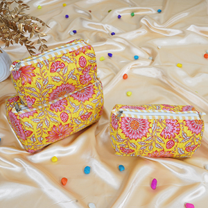 New Taste India Floral Bohemian Large 100% Cotton Quilted <b>Cosmetic</b> Bag Set Yellow Zipper Closure Foldable Makeup <b>Organizer</b> - Product Image 5