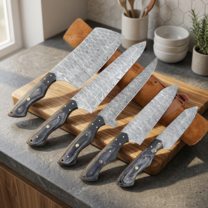 Ensemble de couteaux en acier Damas 5 pièces, manche en bois, lames droites, couteaux de chef, lame polie, ambidextres - Product Image 3