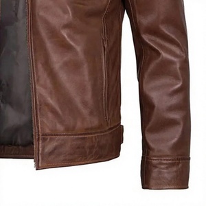 Veste en cuir marron pour homme, col mandarin, fermeture éclair, chauffante, coupe-vent, style moto, manteau d'hiver décontracté - Product Image 6