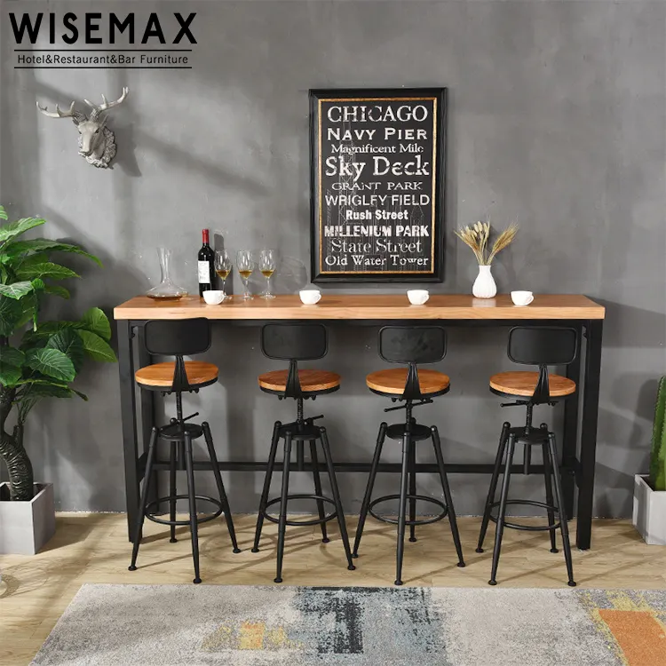 WISEMAX الأثاث بالجملة خمر خشب متين مقهى منصة مشروبات بسيطة طاولة قهوة مزيج المعادن عالية الساق ضيقة طويلة