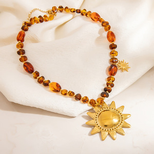Stainless Steel Sun Pendant Necklace Resin Beaded Autumn Winter Style Women's Clavicle Chain Geometric <b>Star</b> <b>Design</b> - Product Image 4