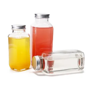 Factory Wholesale French Square Beverage Drinking Glass Bottles Glass Juice Bottle With Metal Lid