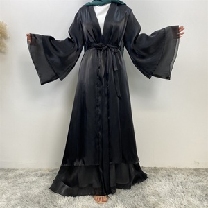 1432#B Light Flowy Shiny Silk Material New Design Two Layers Loose Sleeves Classy Fashion Popular Ladies <b>Islamic</b> Open Abaya - Product Image 3