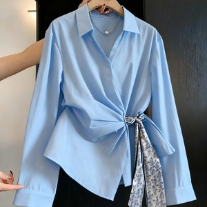 Chemise à manches longues bleu clair pour femme avec ceinture, chemisier en popeline uni, style bureau, vêtements printemps-été - Product Image 5