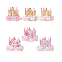 Couronne de fête d'anniversaire dorée rose scintillante pour enfant de 1 à 5 ans, en feutre à paillettes, pour usage intérieur/extérieur, fabriquée en Chine
