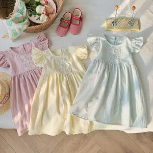 Изысканное платье для девочек с вышивкой в виде цветов, детская одежда, 2024 Летнее Детское платье принцессы из чистого хлопка с летающими рукавами