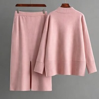 Ensemble tricoté décontracté pour femme, couleur unie, pull à col roulé et jupe mi-longue, vente en gros