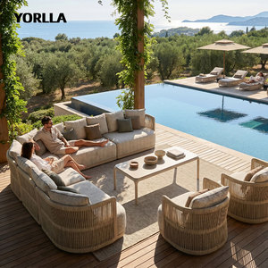 Ensemble de canapé d'angle en forme de <span class=keywords><strong>L</strong></span> en corde tressée de luxe moderne pour <span class=keywords><strong>l</strong></span>'extérieur, canapé de jardin pour villa, hôtel, patio - Product Image 1