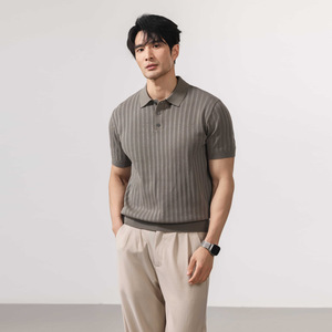 Camiseta de Punto Acanalado Azul Marino para Hombre, Manga Corta, Botones, Color Sólido, Transpirable, Estilo Casual Elegante, Logotipo Frontal, Servicio OEM - Product Image 3