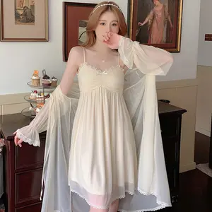 Wholesale plus-size loose pajamas for women Sexy Women Lace Ruffle Nightgown Bridal Wedding Robe Chemise Sleepwear