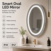 Miroir de salle de bain ovale intelligent à LED avec éclairage frontal, pour vanité, maquillage, salon, gradation progressive, 3 couleurs, anti-buée, Bluetooth