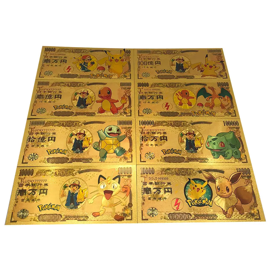 metal crafts Japanese Anime Pokemen Pikachu Chariza Eevee dinosaur Gold 10000 Yan banknote bill Collection For kids Gift