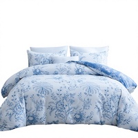 Parure de lit moderne trois pièces, motif floral numérique blanc et bleu, 100 % polyester, écologique, respirante et durable