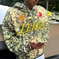 Sweat à capuche zippé intégral pour homme, personnalisé OEM, imprimé camouflage intégral, avec broderie de patch en chenille et bords effilochés, Fabricant