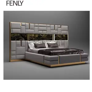 High End großes Kopfteil Doppelbett rahmen italienische Leder Schlafzimmer möbel Luxus Kingsize-Bett
