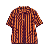 Kemeja Rajut Crochet Pria Kancing Depan Motif Garis Zigzag Kerah Turun Lengan Pendek Kasual Boho Liburan OEM ODM