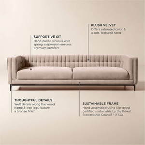 <span class=keywords><strong>Canapé</strong></span> en bois massif rembourré en <span class=keywords><strong>velours</strong></span> avec suspension à ressorts sinusoïdaux, <span class=keywords><strong>canapé</strong></span> Tuxedo de 104 pouces pour projet hôtelier - Product Image 3