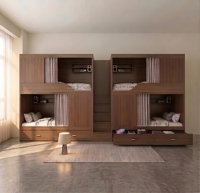 Cama litera doble de madera OEM con cuatro cajones, barandilla y escaleras, precio de fábrica para dormitorios escolares, hoteles y apartamentos