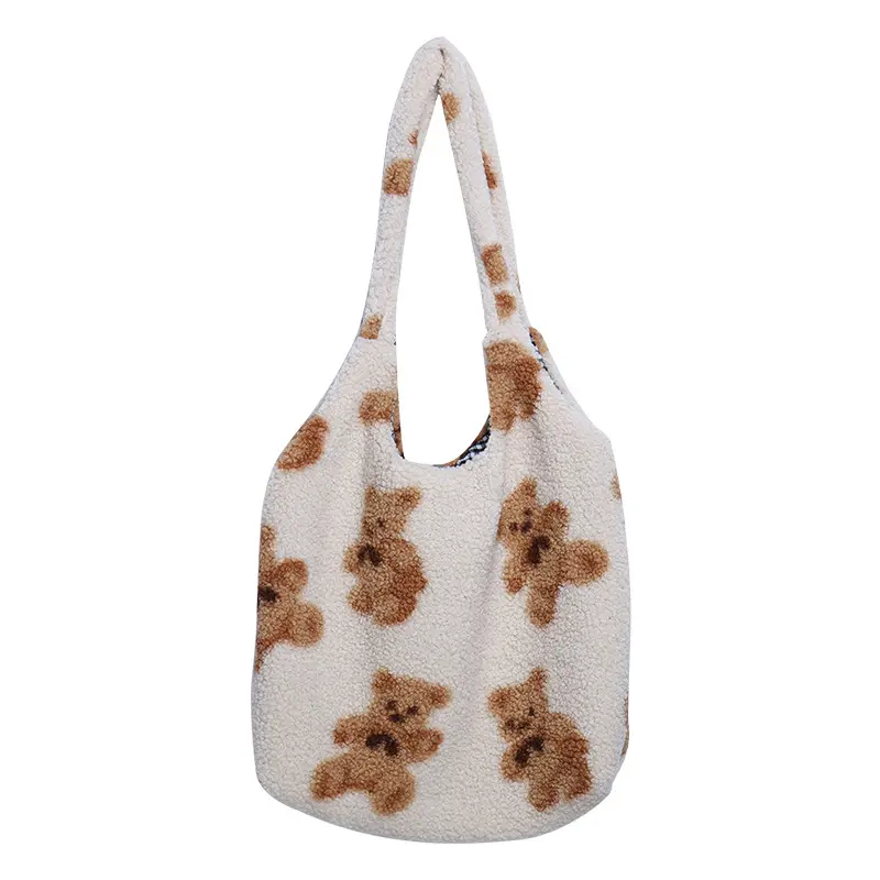 Women shoulder Bags for girls Fashion Plush Bear Printed Fur Tote bags hot sale Cute ladies Handbags student tote shopping bag