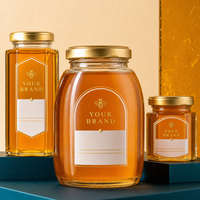 Étiquettes personnalisées transparentes pour pots de miel avec encre blanche et feuille d'or pour l'emballage alimentaire