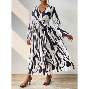 Robes personnalisées de haute qualité pour femmes, imprimées de fleurs, 100% polyester, printemps été, vacances, décontractées, manches longues, col en V, pressées - Product Image 1