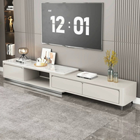 Meuble TV moderne rétractable, meuble TV extensible avec plateau en pierre frittée et tiroirs multiples, longueur réglable, basse hauteur